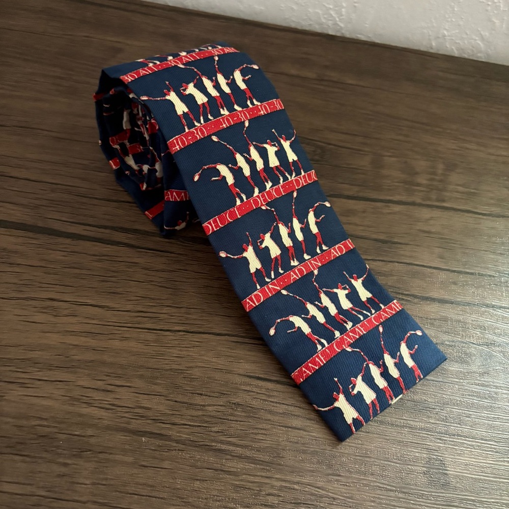 Vintage 1960’s ROOSTER Square End Necktie Tennis Swing 15 Love Blue Red Cotton